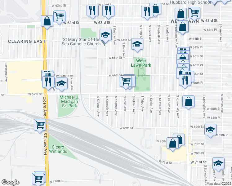 map of restaurants, bars, coffee shops, grocery stores, and more near W Marquette Rd & S Kostner Ave in Chicago