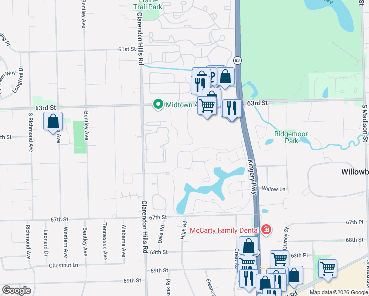 map of restaurants, bars, coffee shops, grocery stores, and more near 6340 Americana Drive in Willowbrook