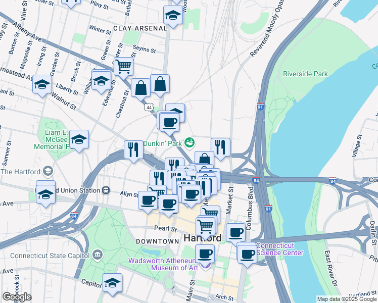 map of restaurants, bars, coffee shops, grocery stores, and more near 1214 Main Street in Hartford