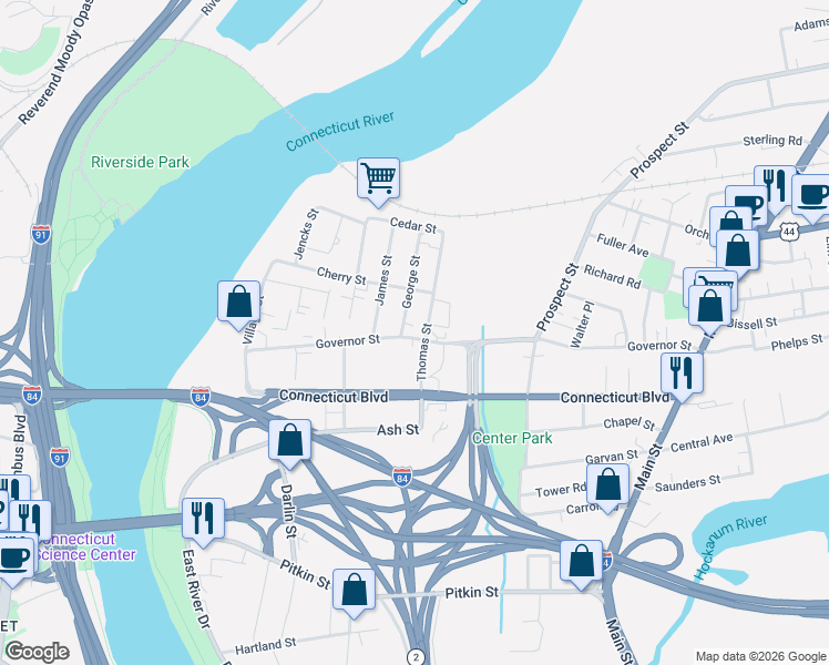 map of restaurants, bars, coffee shops, grocery stores, and more near 240 Governor Street in East Hartford