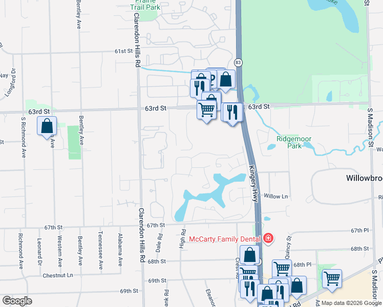 map of restaurants, bars, coffee shops, grocery stores, and more near 6340 Americana Drive in Willowbrook