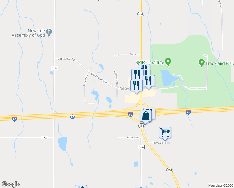 map of restaurants, bars, coffee shops, grocery stores, and more near 1701 Pamona Drive in Geneva