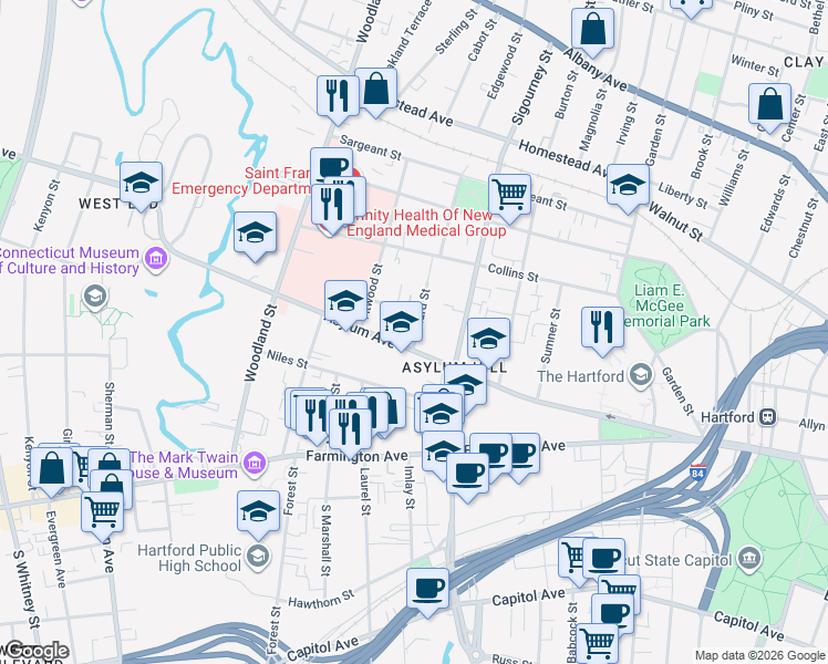 map of restaurants, bars, coffee shops, grocery stores, and more near 19 Townley Street in Hartford