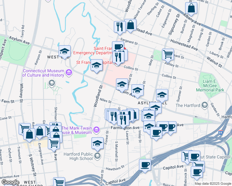 map of restaurants, bars, coffee shops, grocery stores, and more near 1021 Asylum Avenue in Hartford