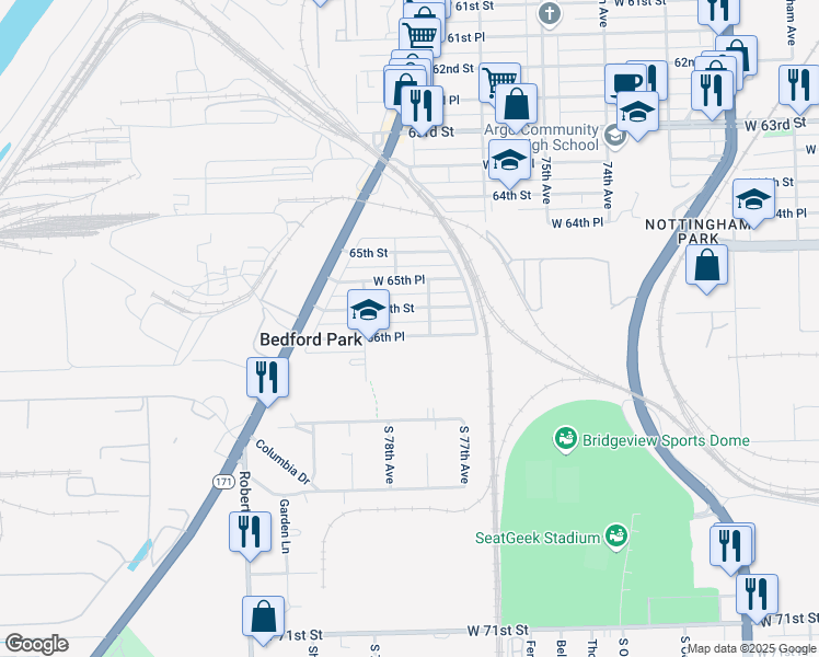 map of restaurants, bars, coffee shops, grocery stores, and more near 7710 66th Place in Bedford Park
