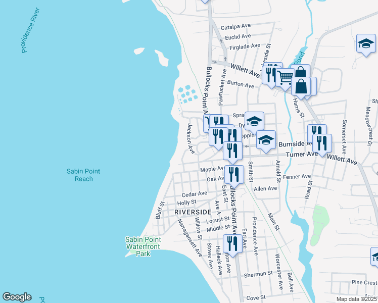 map of restaurants, bars, coffee shops, grocery stores, and more near in East Providence