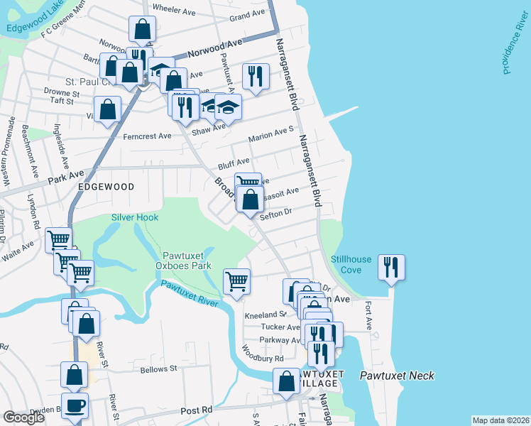 map of restaurants, bars, coffee shops, grocery stores, and more near 123 Massasoit Avenue in Cranston