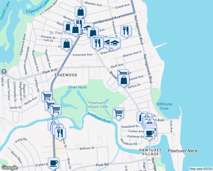 map of restaurants, bars, coffee shops, grocery stores, and more near 23 Alhambra Circle in Cranston