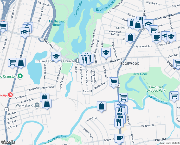 map of restaurants, bars, coffee shops, grocery stores, and more near 1536 Park Avenue in Cranston