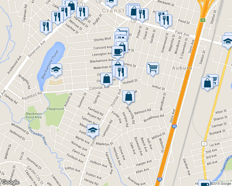 map of restaurants, bars, coffee shops, grocery stores, and more near 565 Pontiac Avenue in Cranston