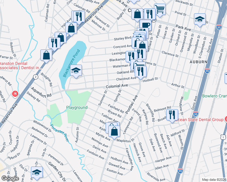 map of restaurants, bars, coffee shops, grocery stores, and more near 75 Colonial Avenue in Cranston