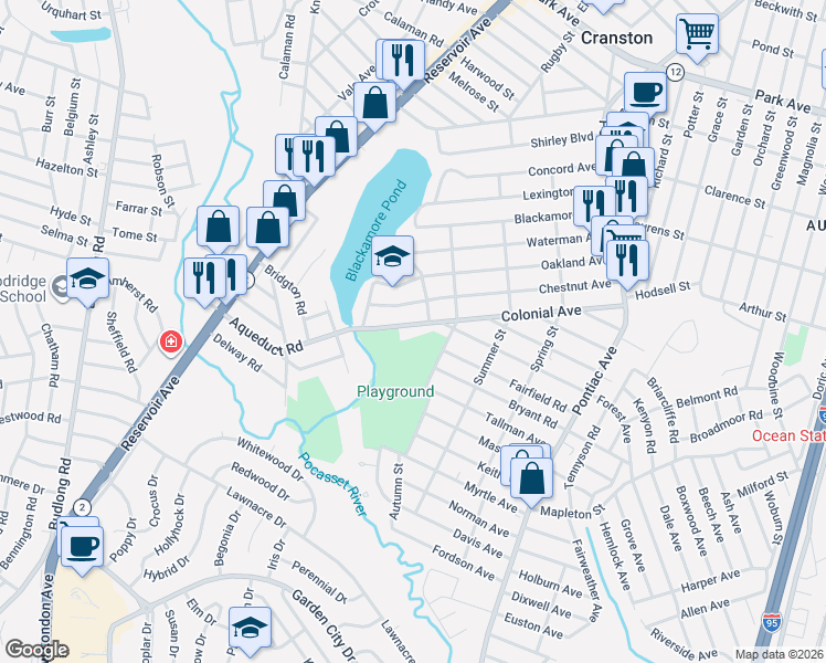 map of restaurants, bars, coffee shops, grocery stores, and more near 160 Chestnut Avenue in Cranston