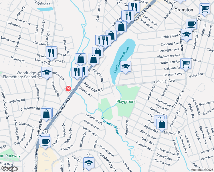 map of restaurants, bars, coffee shops, grocery stores, and more near 23 Bridgton Road in Cranston