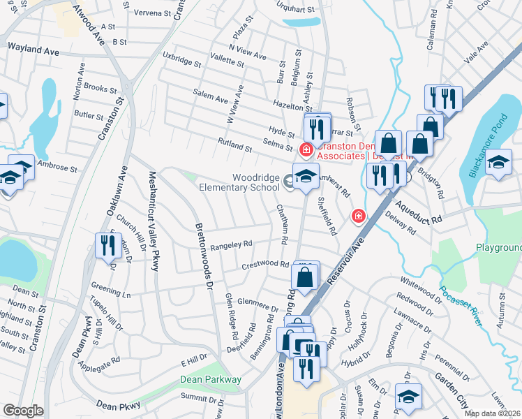 map of restaurants, bars, coffee shops, grocery stores, and more near 96 Chatham Road in Cranston