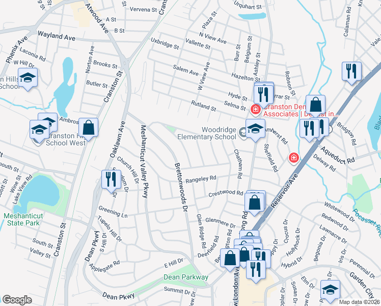map of restaurants, bars, coffee shops, grocery stores, and more near 11 Franconia Drive in Cranston