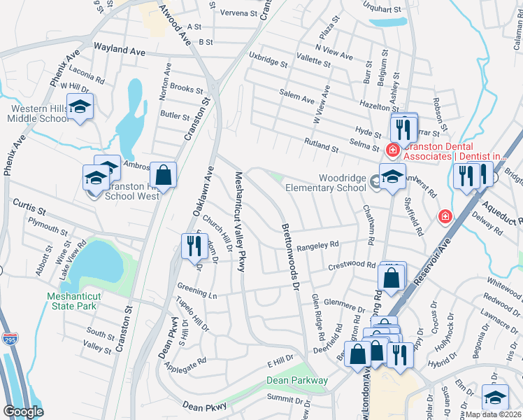 map of restaurants, bars, coffee shops, grocery stores, and more near 33 Brettonwoods Drive in Cranston