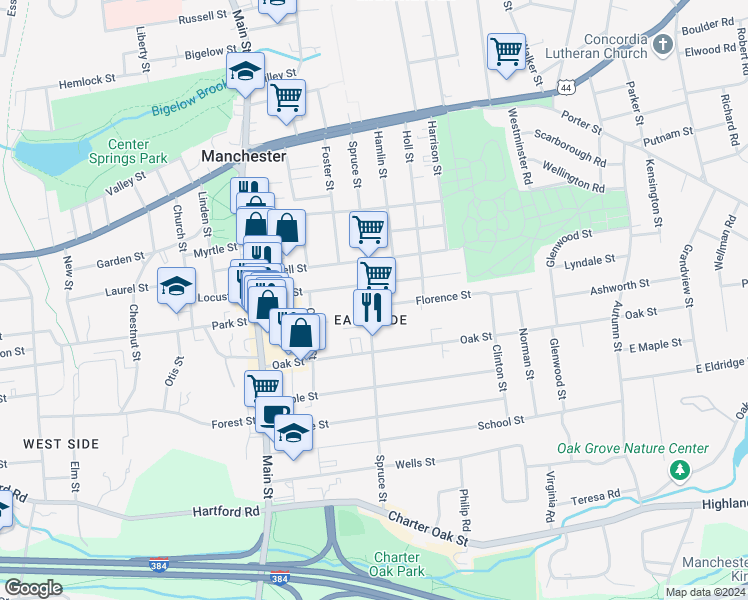 map of restaurants, bars, coffee shops, grocery stores, and more near 129 Spruce Street in Manchester