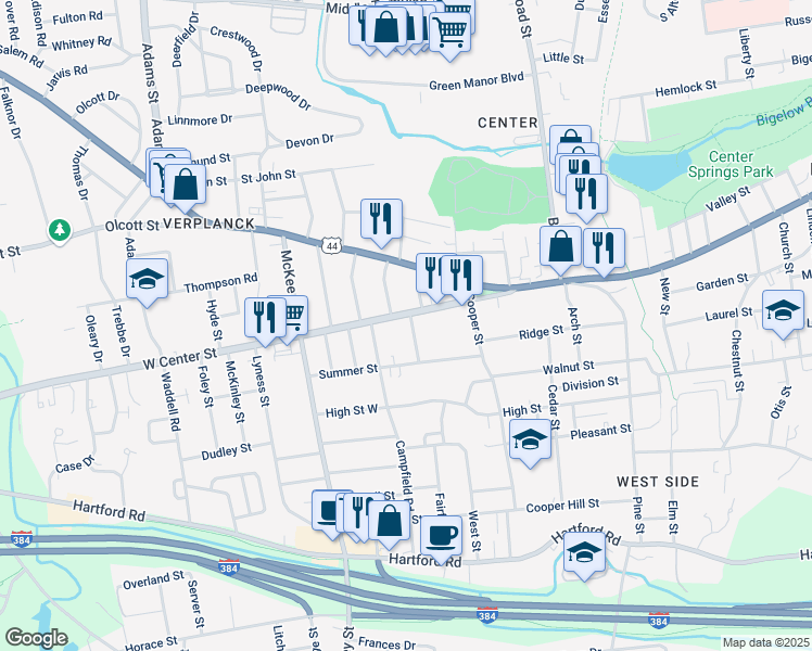 map of restaurants, bars, coffee shops, grocery stores, and more near 36 Proctor Road in Manchester