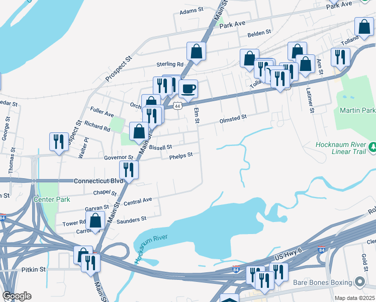 map of restaurants, bars, coffee shops, grocery stores, and more near 11 Lewis Street in East Hartford