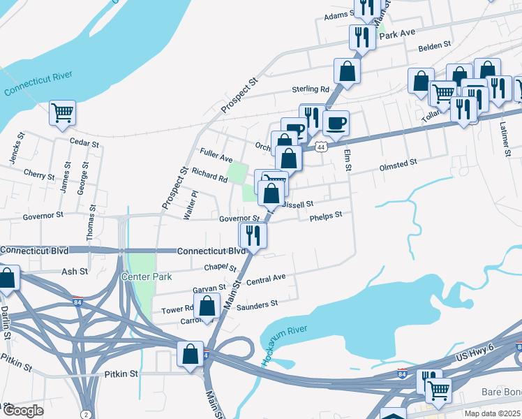 map of restaurants, bars, coffee shops, grocery stores, and more near 1017 Main Street in East Hartford