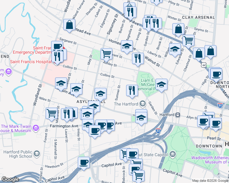 map of restaurants, bars, coffee shops, grocery stores, and more near 79 Sumner Street in Hartford
