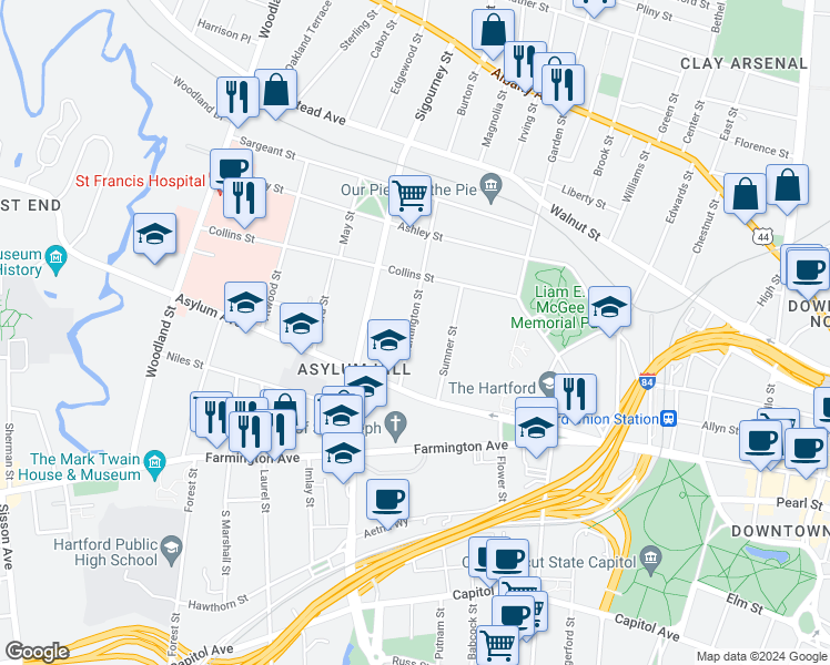 map of restaurants, bars, coffee shops, grocery stores, and more near 57 Huntington Street in Hartford