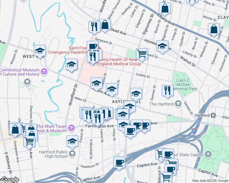 map of restaurants, bars, coffee shops, grocery stores, and more near 19 Townley Street in Hartford