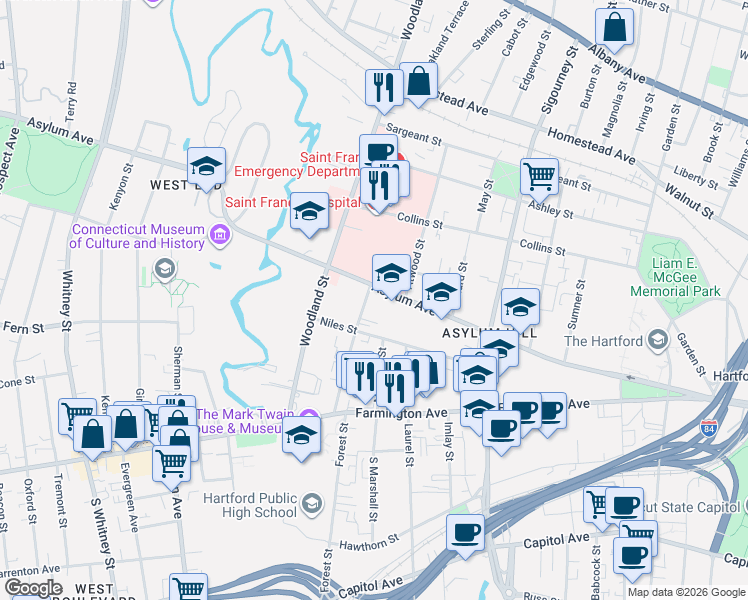 map of restaurants, bars, coffee shops, grocery stores, and more near 1000 Asylum Avenue in Hartford
