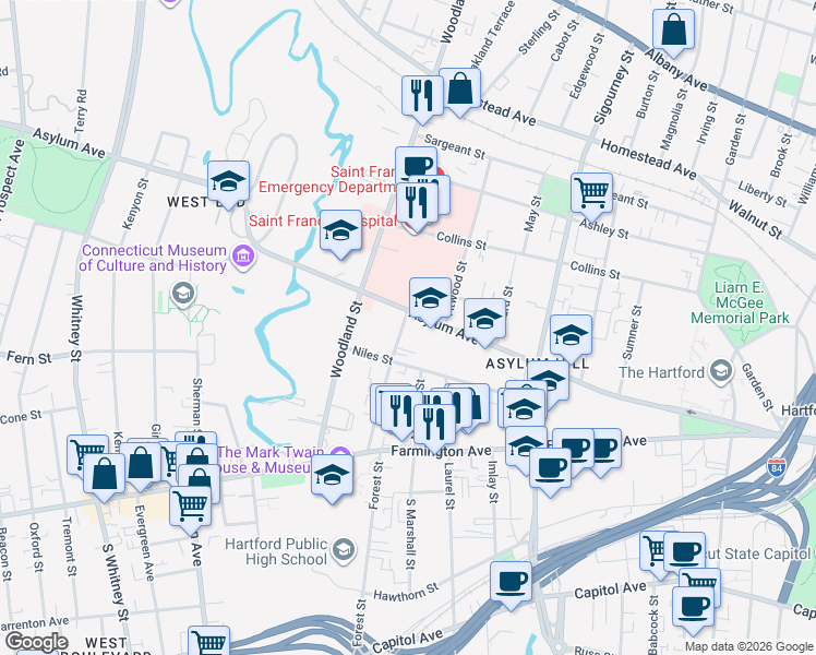 map of restaurants, bars, coffee shops, grocery stores, and more near 1000 Asylum Avenue in Hartford