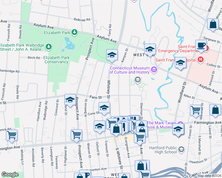 map of restaurants, bars, coffee shops, grocery stores, and more near 149 Kenyon Street in Hartford