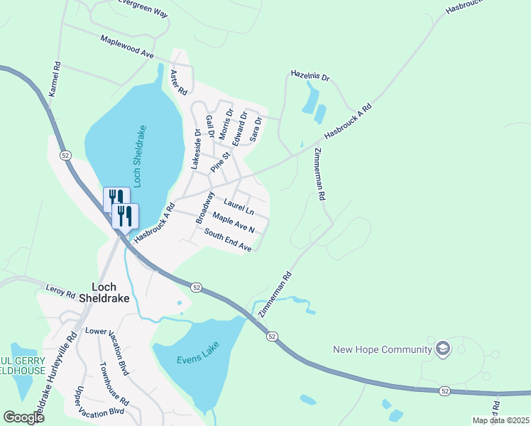 map of restaurants, bars, coffee shops, grocery stores, and more near 13 North End Avenue in Loch Sheldrake