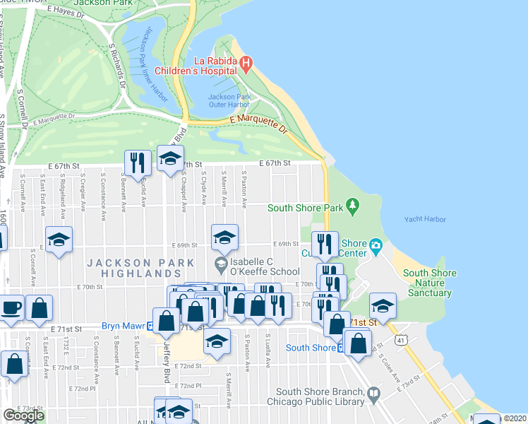 map of restaurants, bars, coffee shops, grocery stores, and more near 2232 East 68th Street in Chicago