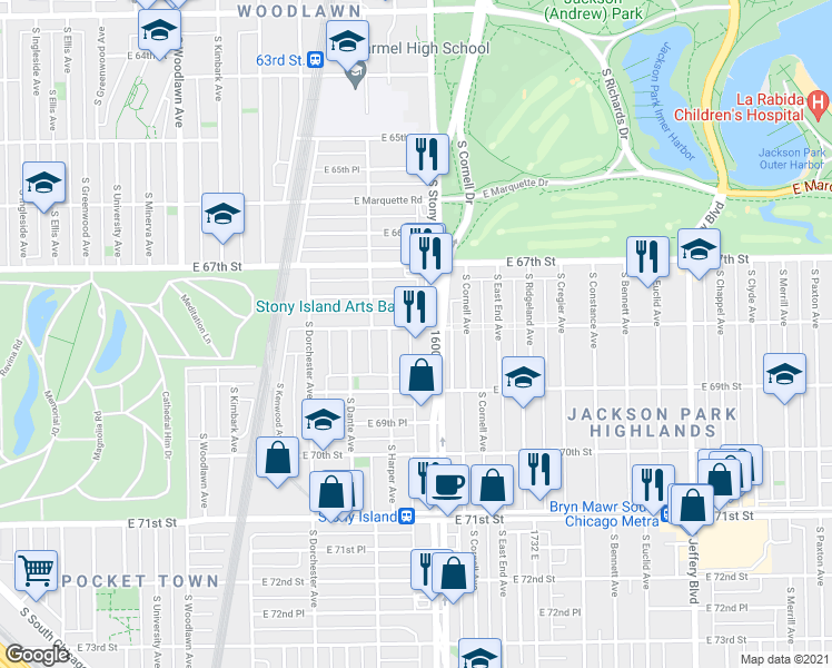 map of restaurants, bars, coffee shops, grocery stores, and more near 6740 South Stony Island Avenue in Chicago
