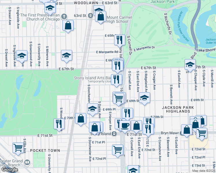 map of restaurants, bars, coffee shops, grocery stores, and more near 1517 East 67th Place in Chicago