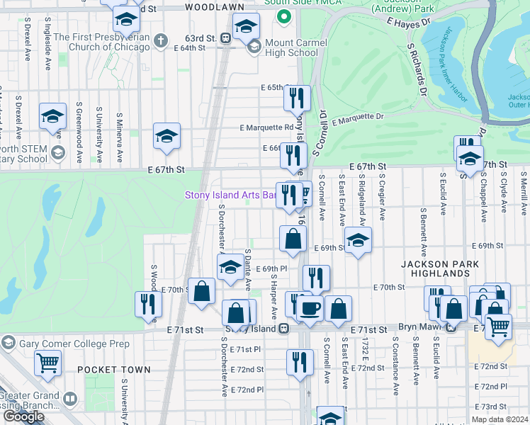 map of restaurants, bars, coffee shops, grocery stores, and more near 1517 East 67th Place in Chicago