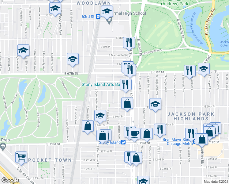 map of restaurants, bars, coffee shops, grocery stores, and more near 1517 East 67th Place in Chicago