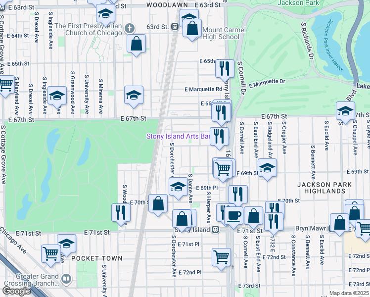 map of restaurants, bars, coffee shops, grocery stores, and more near 1439 East 67th Place in Chicago