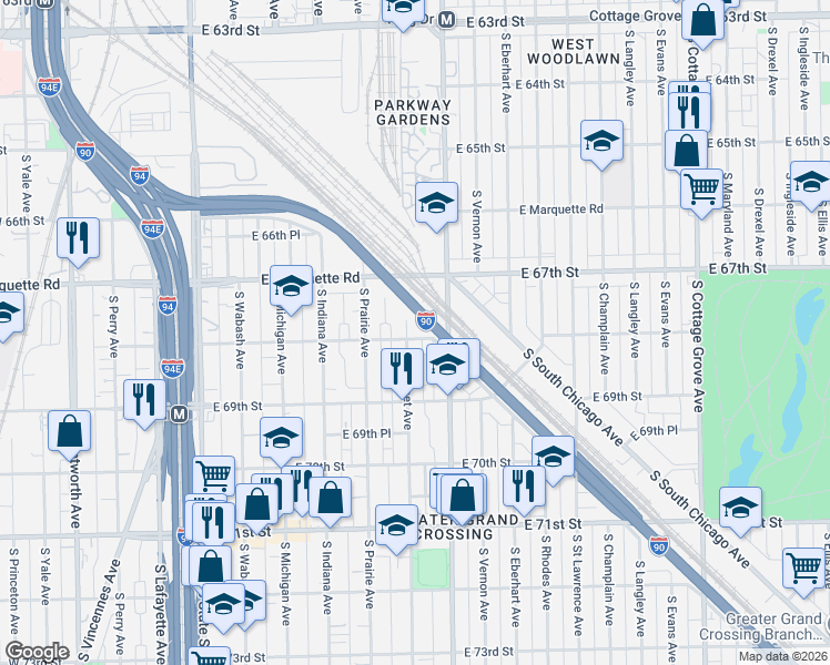map of restaurants, bars, coffee shops, grocery stores, and more near 6701 South Calumet Avenue in Chicago