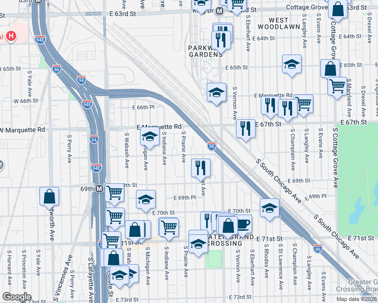 map of restaurants, bars, coffee shops, grocery stores, and more near 6731 South Prairie Avenue in Chicago