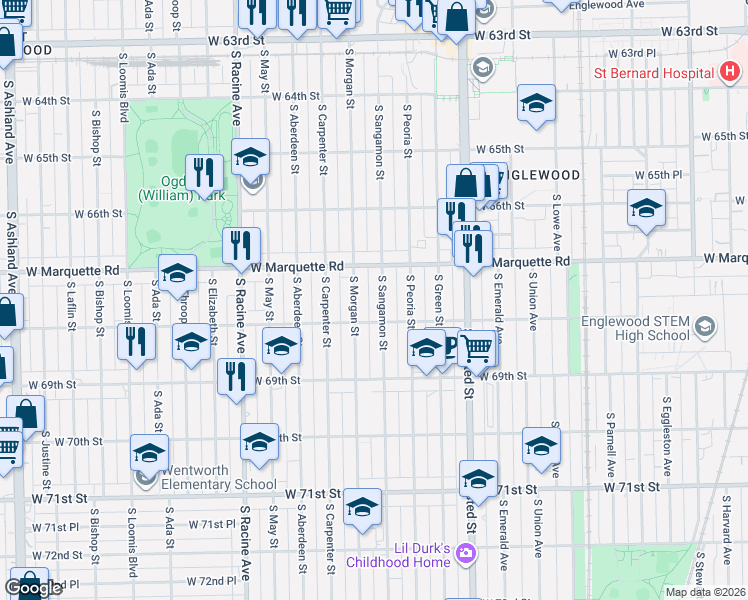 map of restaurants, bars, coffee shops, grocery stores, and more near 6713 South Sangamon Street in Chicago