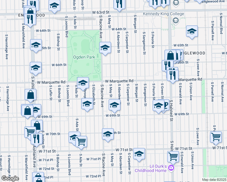 map of restaurants, bars, coffee shops, grocery stores, and more near 1111 West Marquette Road in Chicago
