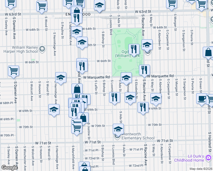 map of restaurants, bars, coffee shops, grocery stores, and more near 1419 West Marquette Road in Chicago