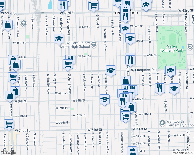 map of restaurants, bars, coffee shops, grocery stores, and more near 6704 South Wood Street in Chicago