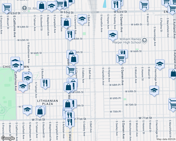 map of restaurants, bars, coffee shops, grocery stores, and more near 6659 South Bell Avenue in Chicago