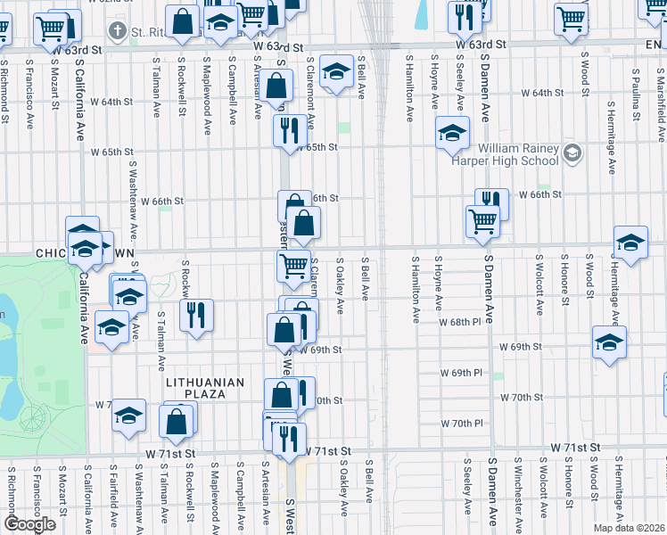 map of restaurants, bars, coffee shops, grocery stores, and more near 6658 South Oakley Avenue in Chicago