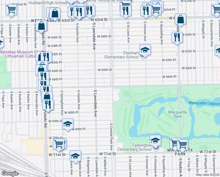 map of restaurants, bars, coffee shops, grocery stores, and more near 3555 West 66th Place in Chicago