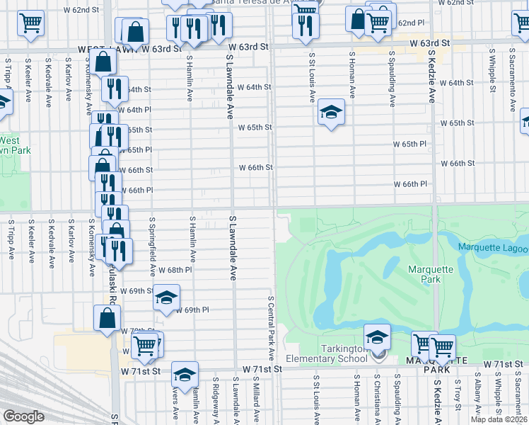 map of restaurants, bars, coffee shops, grocery stores, and more near 3629 West 66th Place in Chicago