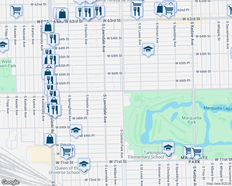 map of restaurants, bars, coffee shops, grocery stores, and more near 3629 West 66th Place in Chicago