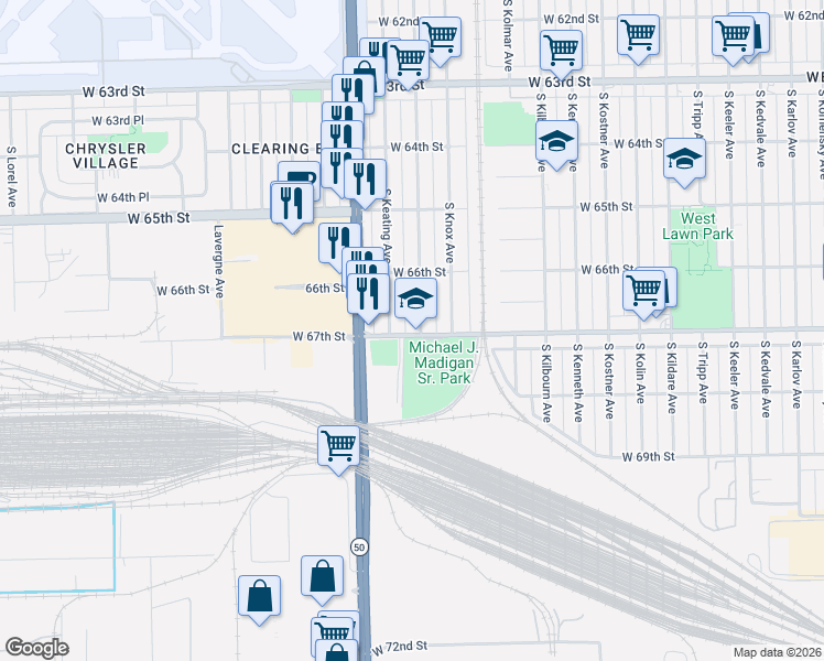 map of restaurants, bars, coffee shops, grocery stores, and more near 6633 South Kilpatrick Avenue in Chicago