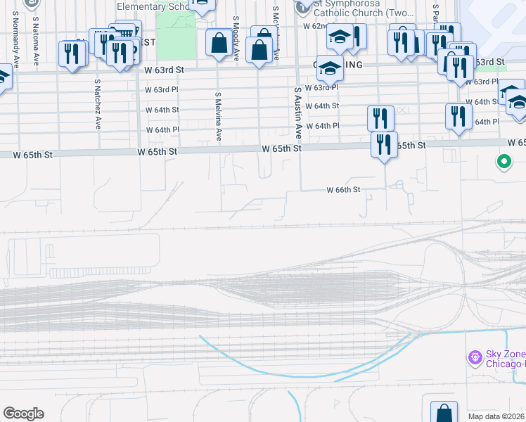 map of restaurants, bars, coffee shops, grocery stores, and more near 6250 W 65th St in Bedford Park
